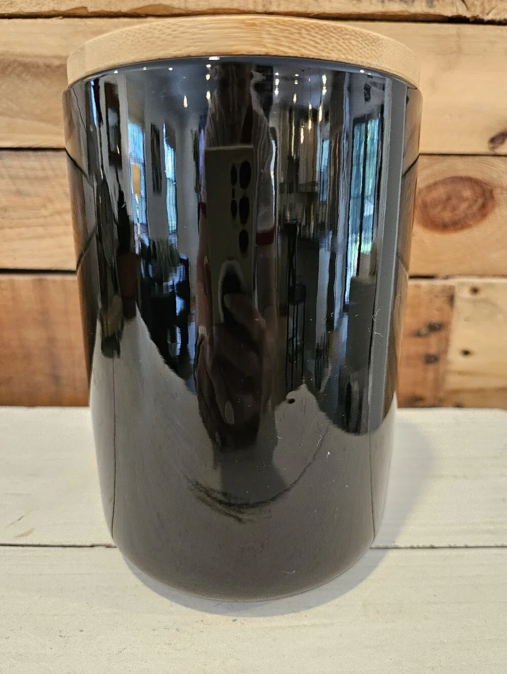Signature Housewares Black Ceramic Dog/Cat Treat Jar w/Bamboo Lid